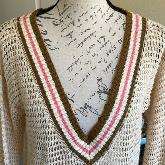 Free People Cream V-Neck Sweater with Multicolor Stripes - Picture 3 of 10